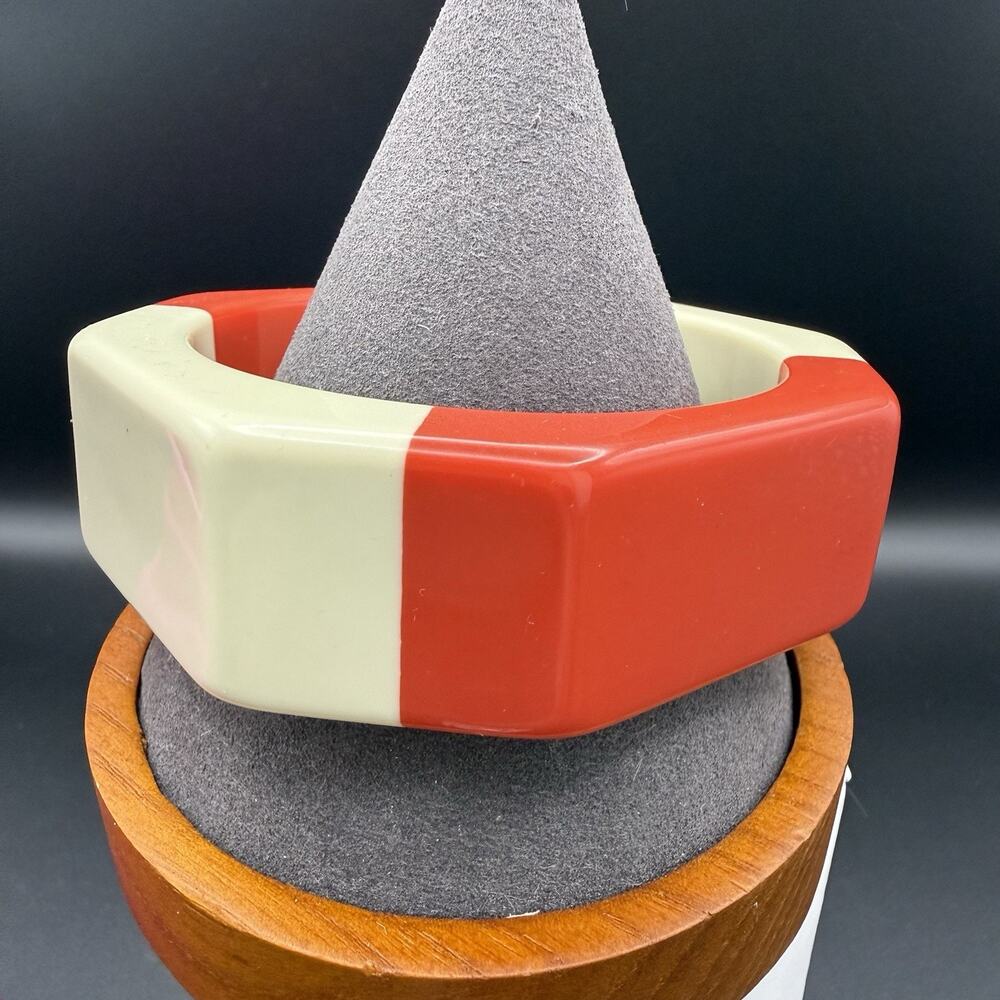 Vtg Geometric Octagon Bangle Bracelet Salmon Coral Red Pink & Cream Color Block
